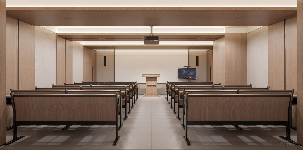 原木風(fēng)演播廳辦公室裝修投影智能設(shè)計(jì)