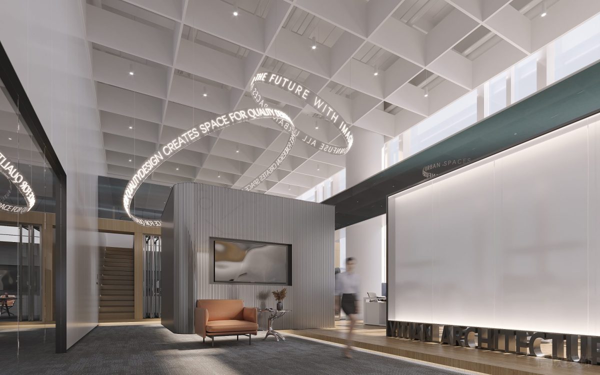 圓形燈飾設(shè)計效果投影過道木飾面地臺辦公室走廊裝修圖