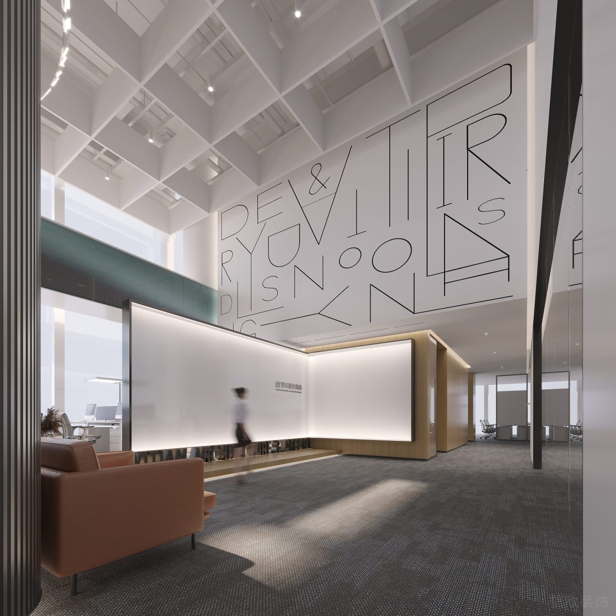 字母設(shè)計白色半效果辦公室過道裝修地毯設(shè)計天花格子裝修辦公室墻