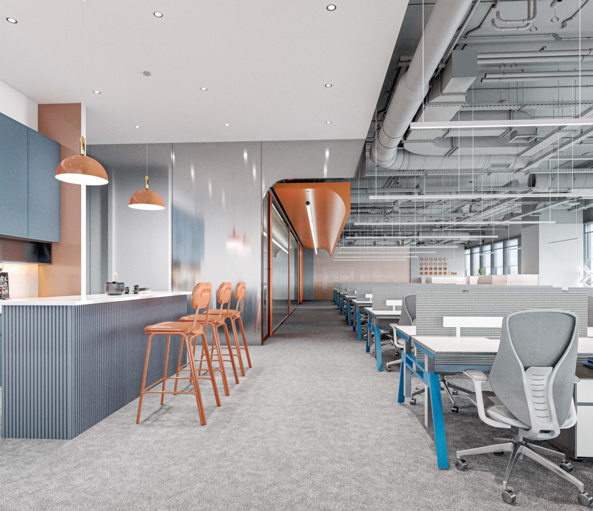 辦公室茶水區(qū)藍(lán)色吧臺(tái)柜效果圖